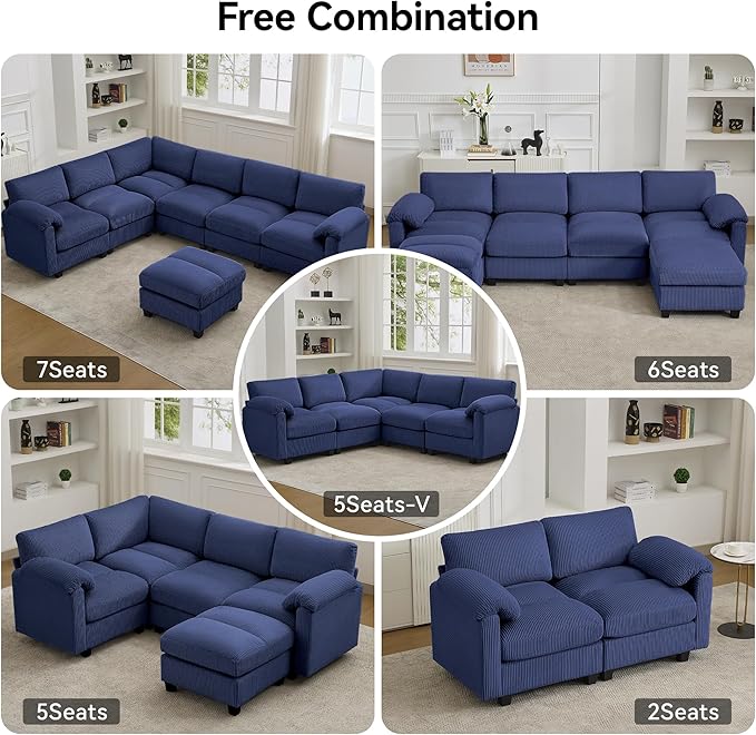 118'' U-Shaped Sectional Couch with 2 Ottoman Oversized Modular Couches for Living Room Corduroy Deep Seat Cloud Sofa with Center Stitched Blue