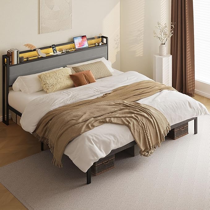 LIKIMIO King Size Bed Frame with Storage Headboard &amp LED Lights Metal Platform Bed with Charging Station Noise Free No Box Spring Needed Under Bed Storage Charcoal Gray