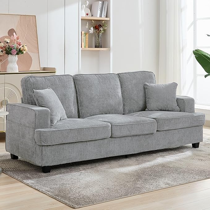Three Seater Couch for Living Room Sofa Couches with Deep Seat &amp Armrest Comfy Modern Sofas in Chenile for Living Room Bedroom Office Apartment Pewter