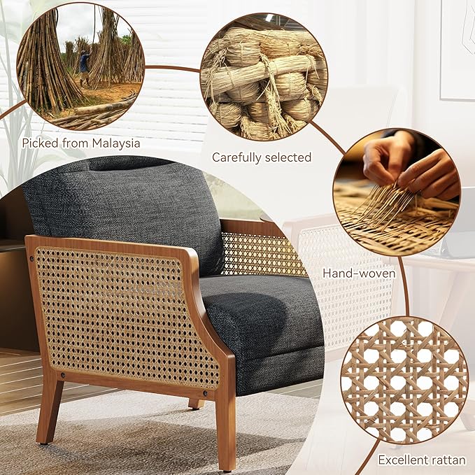 Aklaus Mid Century Accent Chair Set of 2 with Rattan Armrest Upholstered Living Room Chairs Lounge Fabric Reading Chairs Side Sitting Farmhouse Chair for Living Room Bedroom Balcony Grey