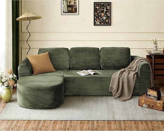 108” Modular Sectional Sofa Boneless Couches for Living Room Deep Seat L-Shape Cloud Couch with ChaiseComfy Sofa Freely Change Configurations No Assembly RequiredSoft Plush Corduroy Fabric(Green)