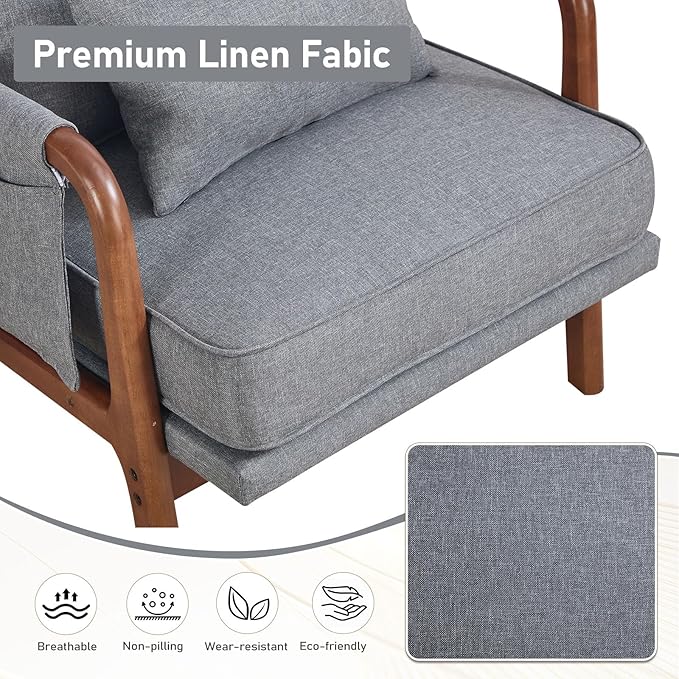 ANJ Mid Century Modern Accent Chair Set of 2 Lounge Reading Armchair with Extra Side Pocket &amp Detachable Cushion Comfy Fabric Accent Chairs for Living Room Bedroom Grey