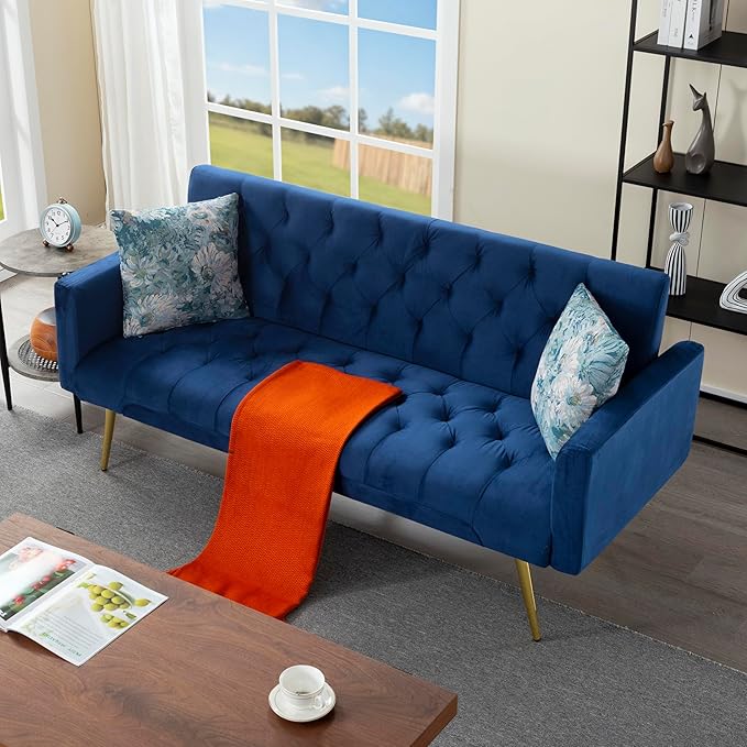 68.5” Futon Sofa Bed Convertible Futon Couch with Adjustable BackrestFolding Sofa Bed with 2 Pillows &amp Metal Legs Sleeper Loveseat with Armrest for Home Office (Bule)