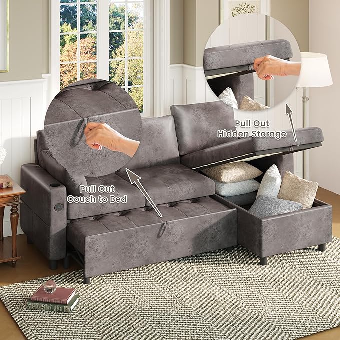 Faux Leather L Shaped Sofa L Shape Couch Pull Out Bed with USB and Cup Holder Storage Cama Queen Bed Sleeper Couch for Living Room Grey