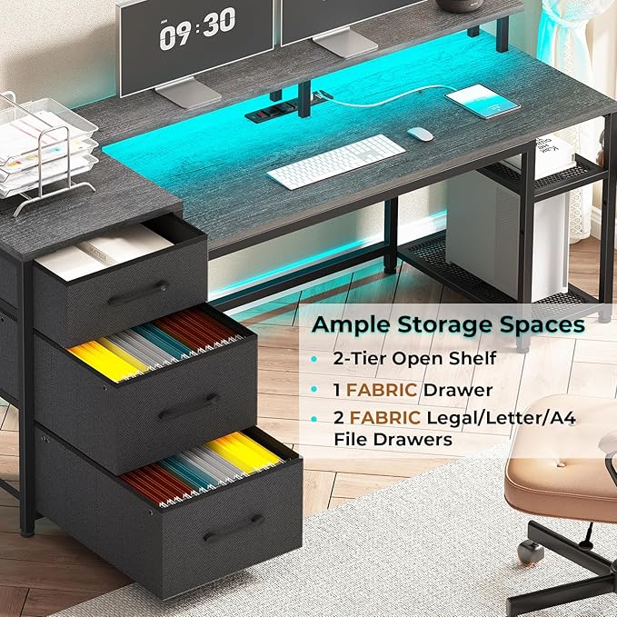SEDETA 59 Office Desk with File Drawers Reversible Computer Gaming Desk with Storage LED Lights &amp Power Outlet Home Office Desks for Printer Grey