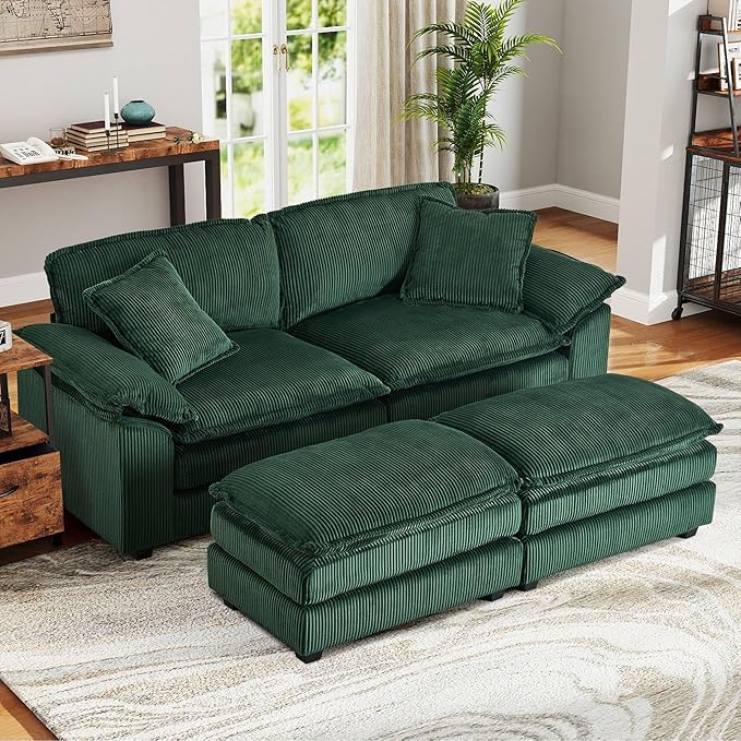 80.5'' Modular Sectional Sofa Cloud Couch Comfy Corduroy Double-Upholstered Sleeper Sofa Loveseat Sofa with Moveable Ottoman 2 Pillows and Detachable Armrest for Living Room Green