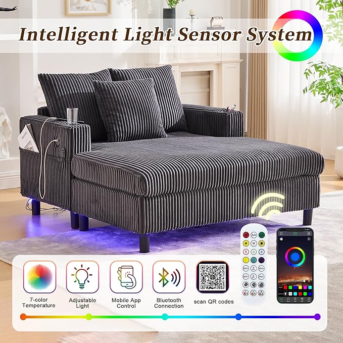 SLEERWAY Modern Corduroy Chaise Lounge Sofa Indoor - 55.9 Comfy Oversized Couch Bed with USB Ports Cup Holder Side Pocket Lights 3 Throw Pillows Lazy Recliner Chairs Living Room (Dark Gray)