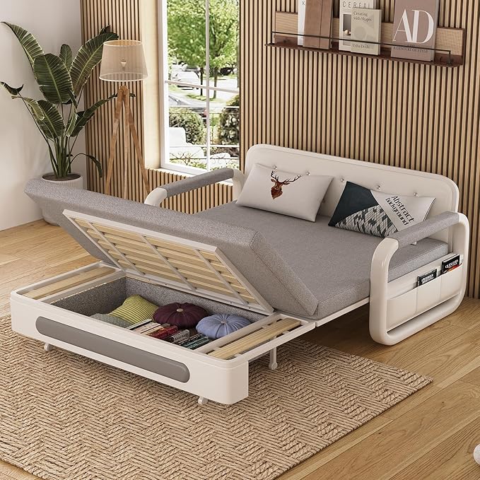 Pull-Out Sofa Daybed with Trundle Versatile Futon Couch with Sleeping Function and Storage Space Sofa Bed for Small Rooms and Living Rooms Dark Grey and White (62.2)