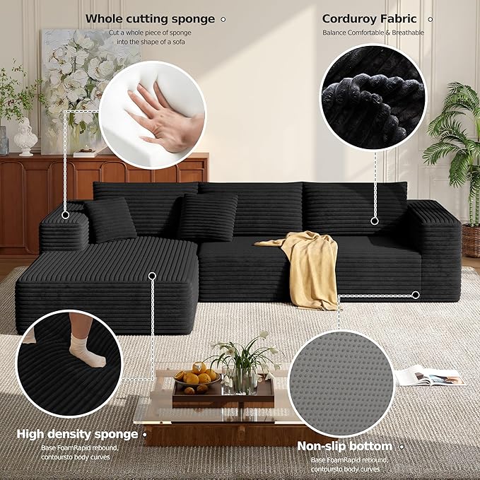 MoonSpeak 107 Sectional Boneless Couches for Living Room.Deep Seat Corduroy L Shaped Modular Sofa.Cloud Sectional Sofa.Upholstered Couches with Oversized Chaise(BlackLeft Chaise)