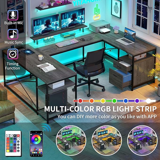 YITAHOME U Shaped Desk with Power Outlets &amp LED Lights 79 Reversible L Shaped Desk with Drawers Corner Computer Desk Office Desk with Monitor Stand &amp Storage Shelves Grey