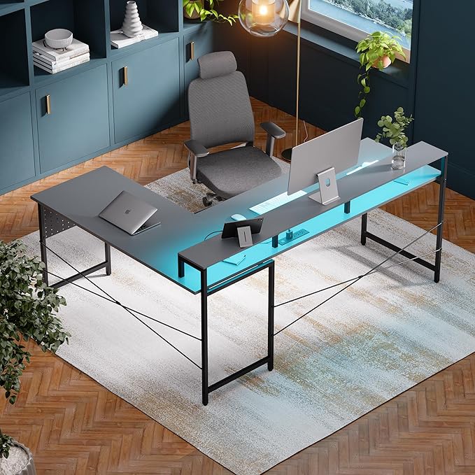 Pamray 64 Inch L Shaped Gaming Desk with Power Outlets and Led Lights Large Corner Computer Desk with Monitor Stand and Pegboard PC Table for Home Office and Bedroom Grey