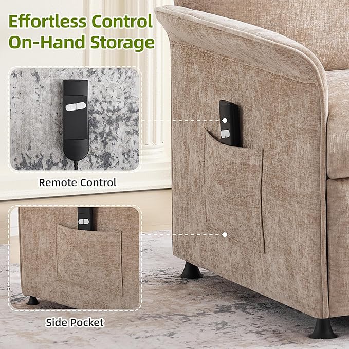 Power Recliner Chair with Remote Control 21 Wide Seat Small Recliners with Side Pocket for Adults Thick Cushions Chair for Living Room &amp Bedroom Tan