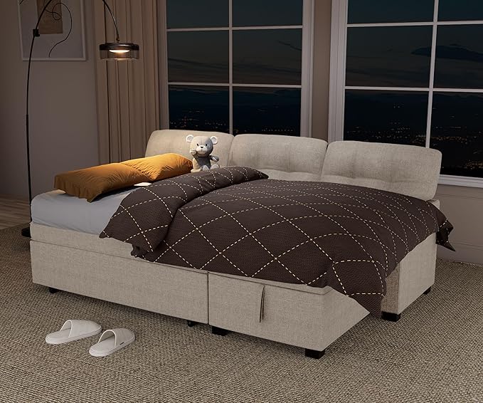 Wakefit Reversible Sectional Sofa Couch Sleeper Sofa Bed with Storage Chaise Pull Out Couch for Living Room | Hidden Stroge | Pull Out Bed | Removable Backrest | Linen Fabric Beige