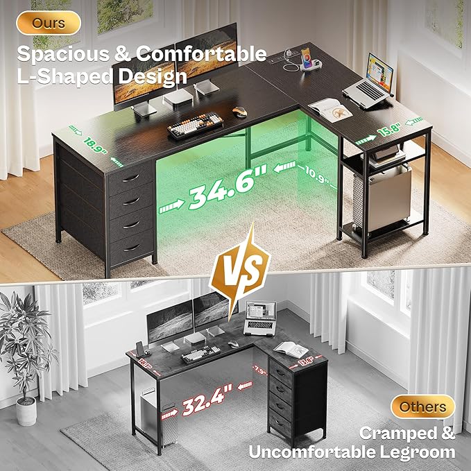 Huuger 63 Inch L Shaped Desk with Fabric Drawers Reversible Computer Gaming Desk with Power Outlets and USB-C Port Adjustable Side Storage Shelves for Work Study Corner Home Office Black