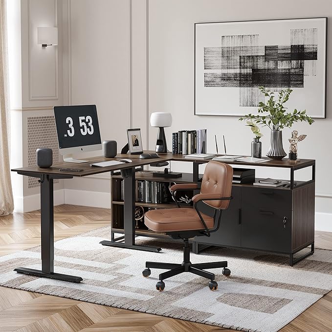 FEZIBO 66 Inch Executive L Shaped Standing Desk with 2-Drawer File Cabinet Electric Height Adjustable Stand up Desk Home Office Modern Wood Computer Desk with Shelves Black Frame/Dark Walnut Top