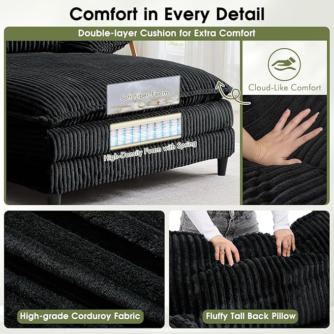 55 W Oversized Chaise Lounge Sofa Couch with 5-Position Adjustable Backrest Corduroy Sleeper Chair Sofa Bed Reading Chair ‌with Deep Seat Cloud Couches for Living Room Bedroom Black