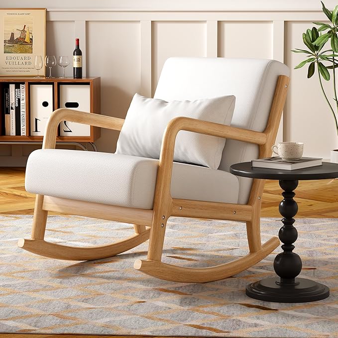 Solid Wood Reclining Accent Chair Mid-Century Modern Lounge Armchairs Fabric Upholstered Soft Comfy Living Room Chairs with Armrest Waist Pillow for Office Reading Waiting Room (Off-White)