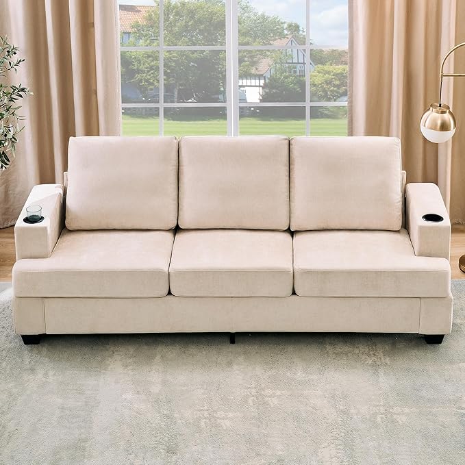 Garvee Chenill Sofa for Living Room 89-Inch Comfy Couches with Deep Seat Modern 3-Seater Sofa Couch with Cup Holders and Side Storage Pockets for Apartment Lounge Beige