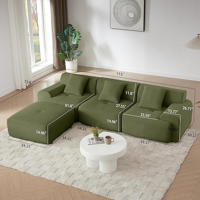113 Modern L-Shaped Modular Sectional Sofa for Living Room Corduroy Upholstery Oversized 3-Seater Couch with Deep Seat and Movable Ottoman – No Assembly (Green)