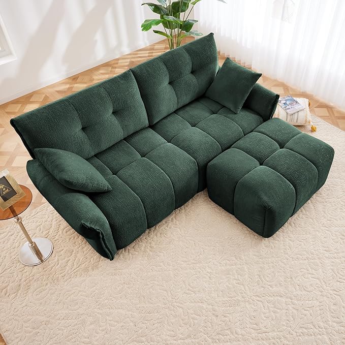 Aoowow Modular Sectional Sofa with Movable Ottoman 78.7” Chenille L Shaped Sofa Couch Upholstered Comfy 2-Seater Couches with Pillows for Living Room Apartment OfficeGreen