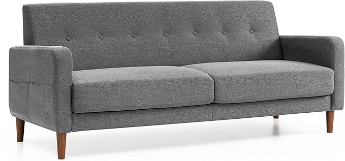 Mellow Adair Mid-Century Modern Sofa Couch with Armrest Pockets Tufted Linen Fabric Dark Heather Grey