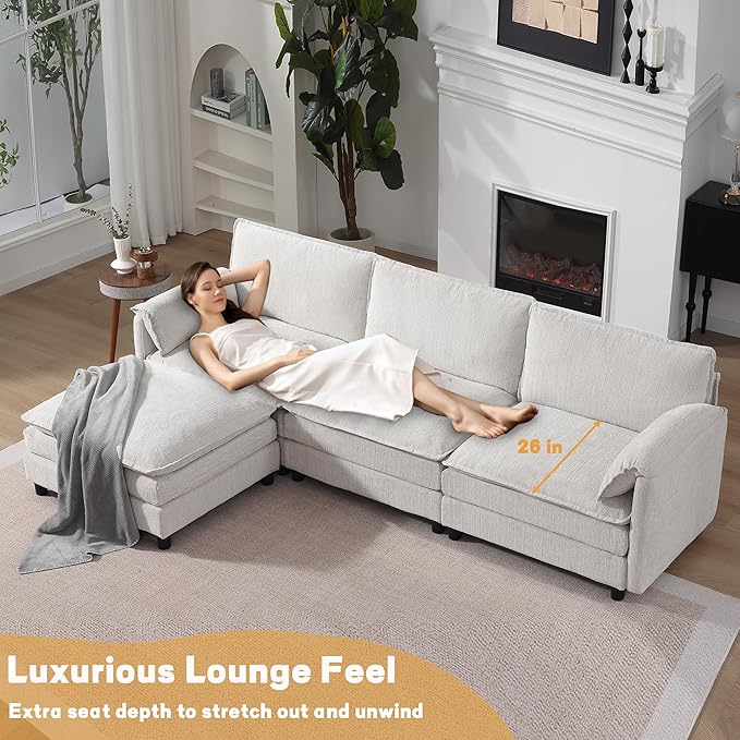 108 Cloud Sectional Couches for Living Room Convertible L Shaped Modular Sectional Sofa with Movable Ottoman 3-Seat Chenille Cloud Couch with Deep Seat for Bedroom Apartment Beige