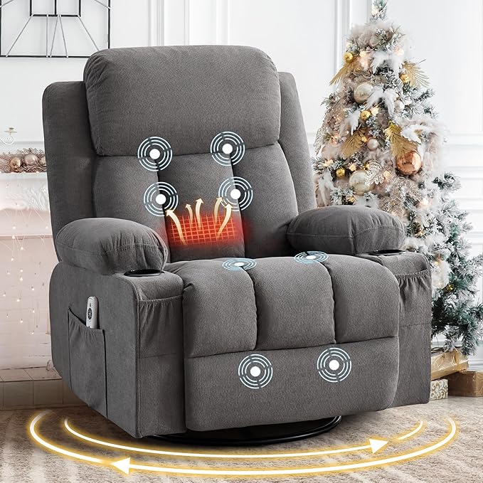Swivel Rocker Recliner Chair with Vibration Massage and Heat for Living Roomwith Rocking Function and Side Pocket USB Charge Port2 Cup Holders