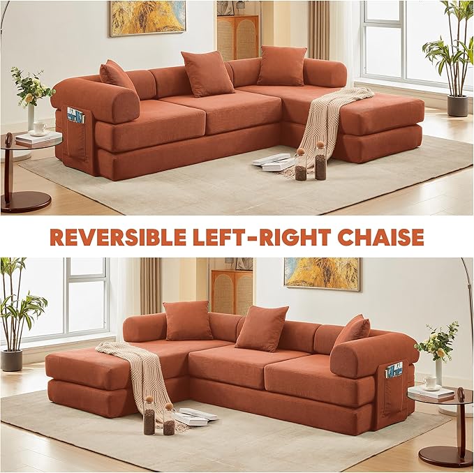 L Shaped Modular Sofa Bed with Cylindrical Pillow &amp Reversible Chaise Corduroy Folding Floor Convertible Sofa Couch Bed with Fixed-Shape Frame &amp Storage Pocket for Living Room Orange