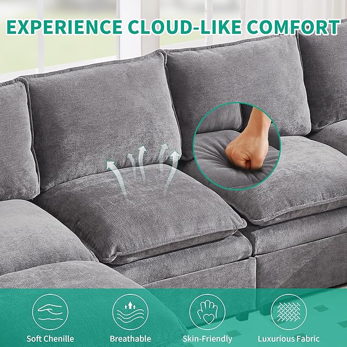 Large L-Shaped Sectional Couch Set - 6 Seater Oversized Cloud Sofa for Living Room Big Comfy Chenille Fabric Couches Extra Long Modular Sofa Bed Furniture