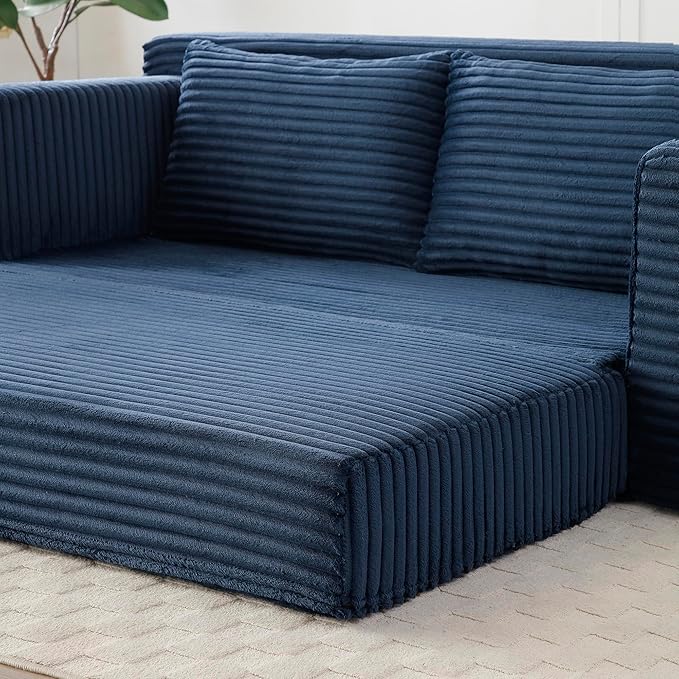 73 Convertible Sofa Bed 2 in 1 Corduroy Folding Couch with Pillows No Assembly Boneless Compression Sofa in Box Loveseat with Side Storage Pocket for Apartment Living Room Blue