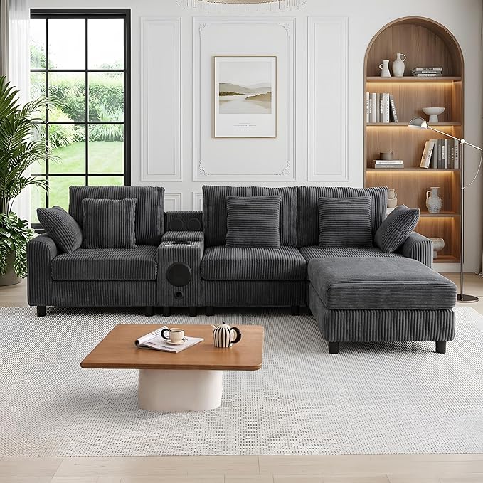 114 Corduroy Modular Sectional Sofa with Bluetooth Speakers &amp USB Ports Deep Seat L Shaped Couch with Storage Console Cup Holders Movable Ottoman Cloud Comfy Gaming Sofa for Living Room (Gray