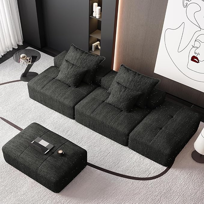 141'' Cloud Couch Modular Sectional Sofa with 2 Ottoman Oversized Loveseat Compression Boneless Sofa with Deep Seat Chenille Chaise Longue Minimalist Couches for Living Room Black