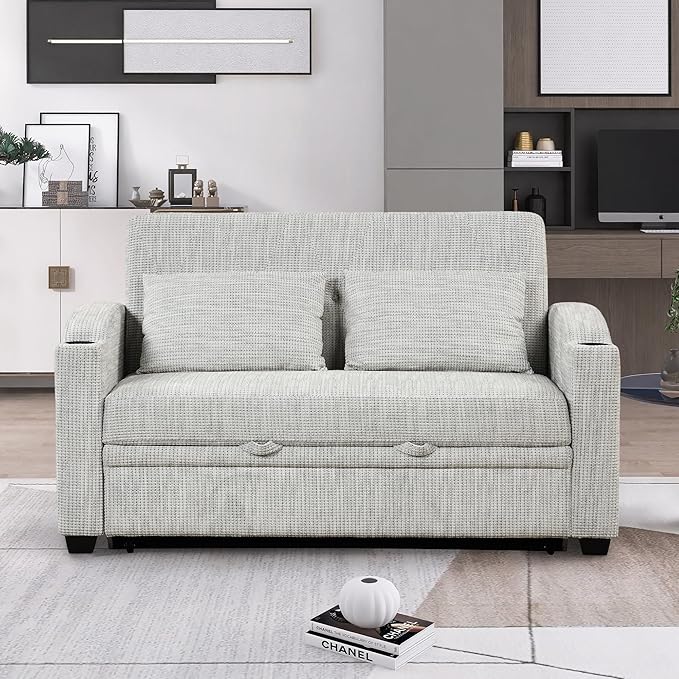 Merax 61.6 Pull Out Sleeper Sofa Bed Modern Chenille Convertible Loveseat Sofa with Adjsutable Backrest 2 Pillows Cup Holders USB Ports for Living Room Apartment White+Gray