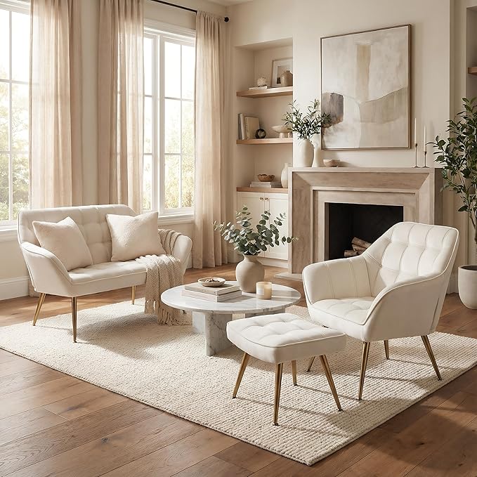 Beige Velvet Accent Chair with Ottoman Modern Reading Chair with Ottoman Set Comfy Fuzzy Armchair Living Room Chair Lounge Chairs with Metal Legs for Small Spaces Bedroom Apartment