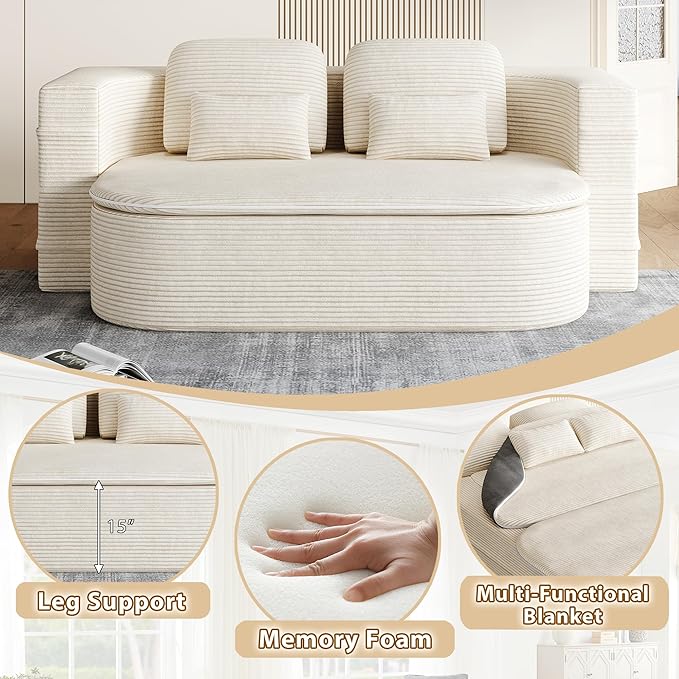 75'' Corduroy Foldable Full Size Boneless Couch Bed 2-in-1 Convertible Sleeper Compression Loveseat Sofa with Pillow No Assembly Memory Foam Floor Folding Couch for Living Room (Beige) | 2-in-1 Pi