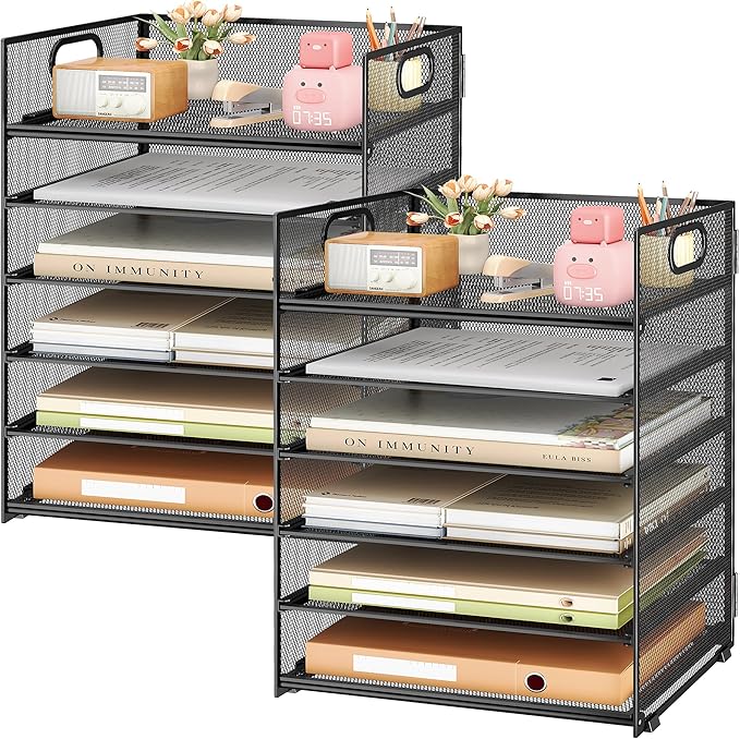 Subekyu 2-Pack 6-Tier Paper Tray Organizer for Desk - Black Mesh File Folder Sorter with Handles Desk Letter Holder for Office Home School Supplies Storage &amp Organization