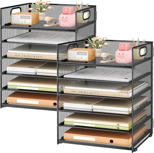 Subekyu 2-Pack 6-Tier Paper Tray Organizer for Desk - Black Mesh File Folder Sorter with Handles Desk Letter Holder for Office Home School Supplies Storage &amp Organization