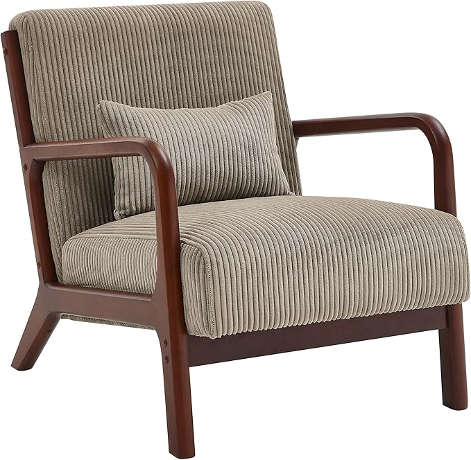 Wooden Accent Arm Chair Mid Century Armchair Comfy Modern Corduroy Accent Chair Boho Arm Chair with Pillow for Bedroom Lounge Living Room (Camel)