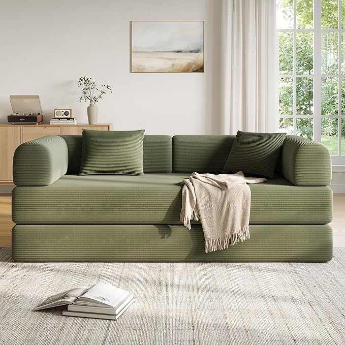 79in Convertible Sofa Bed Corduroy Boneless Couch Bed Futon Sleeper Sofa Pull Out Bed Foldable Couch for Living Room Apartment No Assembly Required