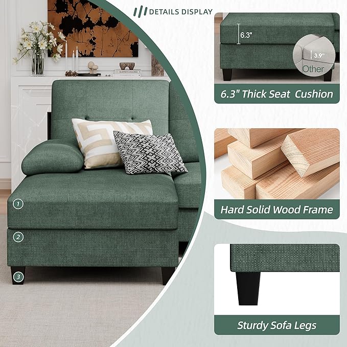 Vongrasig Sectional Couches for Living Room U-Shaped Sofa with Chaise 4-seat Large Sectional Modern Couch for Living Room Apartment (Green)