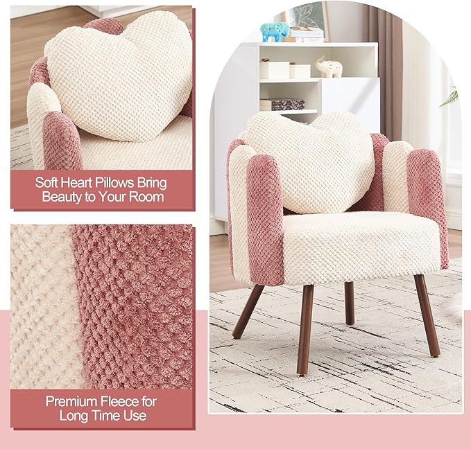 Modern Velvet Petal Accent ChairCute Vanity Chair with Back and Wood LegsHome Reading Chair Armchair for Living RoomMakeup RoomBedroom (Beige+Pink)