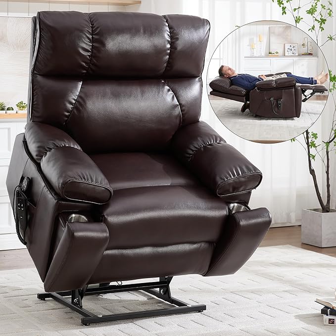 Luxlen Oversized Power Lift Recliner Chair for Elderly Dual Motor Lift Chair with Vibration Massage &amp Lumbar Heating Standing Assistance Recliner with Cup Holders - Faux Leather Reddish Brown