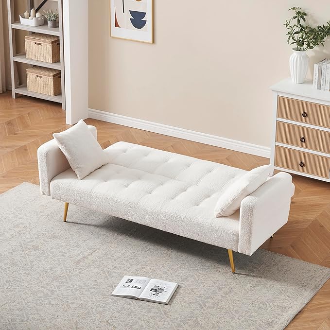 KEIKI 72 Folding Futon Sofa Couch w/Adjustable Backrest Mid Century Modern Loveseat Convertible to Sleeper Bed Small Comfy Teddy Cloud Couch SofaBed for Living Room &amp Bedroom 2 Pillows Beige