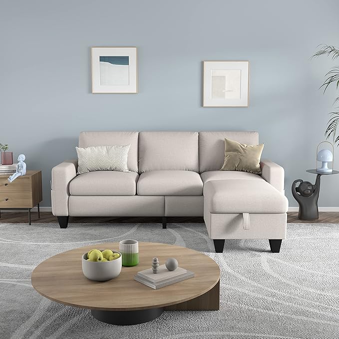 78'' Convertible Sectional Sofa Couch: Beige 3 Seat L-Shaped Sofa Couches with Storage Ottoman and Pockets - Modern Linen Upholstered Sofa Couch Sets for Living Room Office Apartment Small Space
