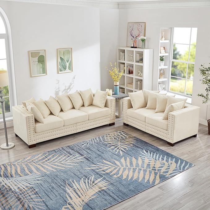 2 Piece Velvet Sofa Set with Storage - Mid Century Modern Chesterfield Couch and Loveseat Sets Comfy Deep Seat Upholstered Sectional Love Seat with Retro Nailhead Beige Couches Living Room (Apricot)