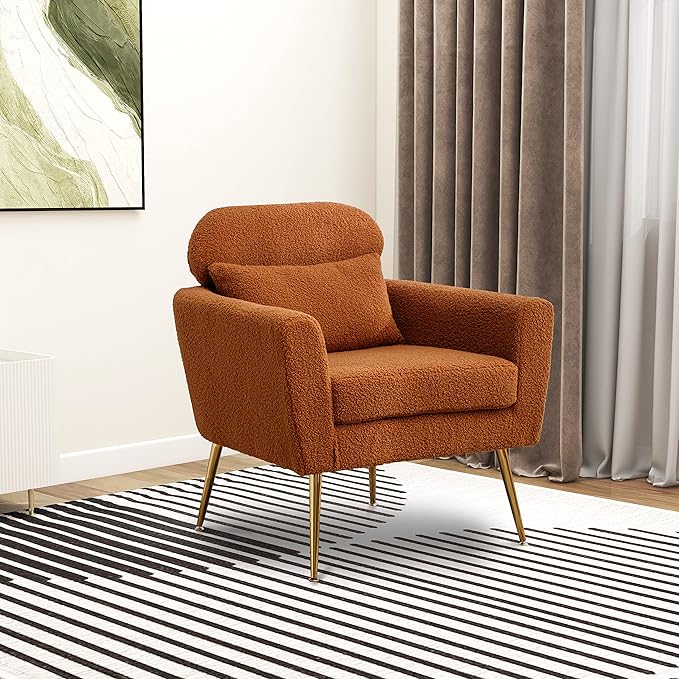 29.5 W Modern Boucle Accent Chair Armchair Upholstered Reading Chair Single Sofa Leisure Club Chair with Gold Metal Leg and Throw Pillow for Living Room Bedroom Dorm Room Office Caramel Boucle