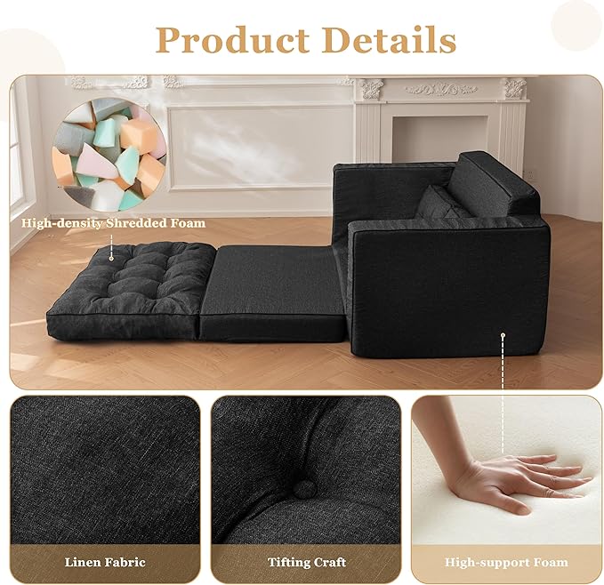 YOSHOOT Loveseat Sleeper Sofa55 Convertible Sofa Bed Couch Futon Couches for Living Room3-in-1 Pull Out Floor Couch with Backrest and Pillows Black