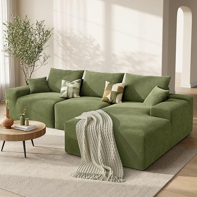 LIKIMIO 120 Modular Sectional Sofa Modern Boneless Cloud Couch Oversized 3-Seater Comfy Deep Seat L-Shaped with Chaise for Living Room No Assembly Required Corduroy Upholstery Green