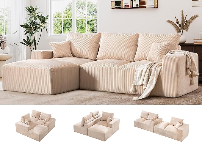108 Modular Cloud Sectional Sofa 17.8 Comfort Height &amp Neck Pillow Modern Corduroy Couch with L-Shape Oversized Chaise for Living Room Bedroom No Assembly Required (Beige)
