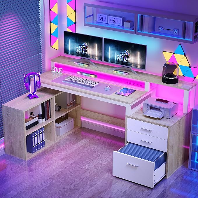 YITAHOME L Shaped Desk with 3 Drawers 65 Corner Computer Desk with Power Outlets &amp LED Lights L-Shaped Desk with File Cabinet &amp Printer Stand for Home Office White &amp Oak